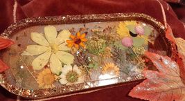 Welcome Fall Natural Dried Flowers &amp; Glitter Large Trinket Tray Decor Gi... - $20.56 CAD