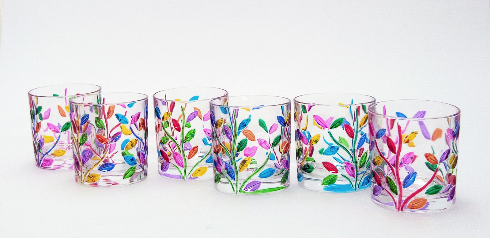 Laurus set 6 tumblers hand-painted  multicolor crystal glass Murano style Venice - $165.00