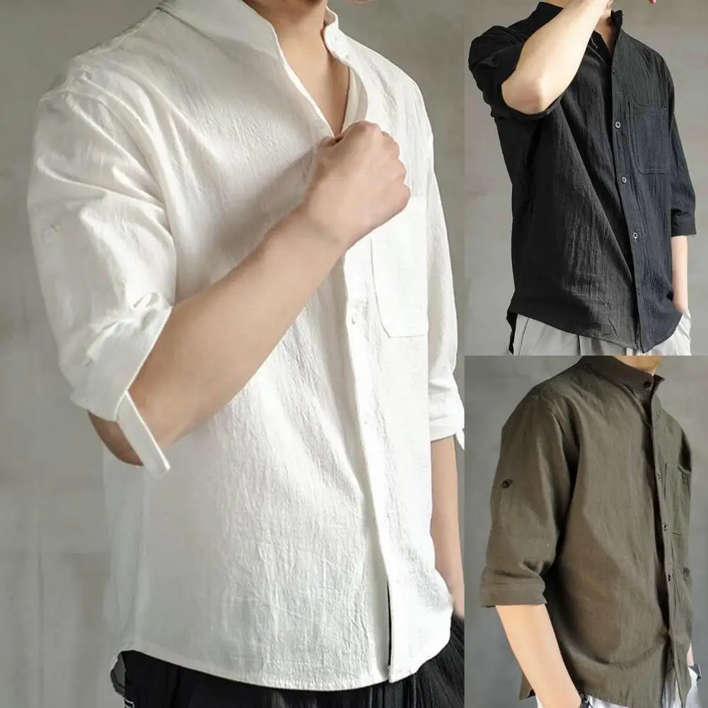 Sporting Loose  Stylish Aons Closure Solid Color Men Shirt Shrink Resistant Shir - £23.90 GBP