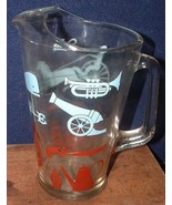 Vintage Clear Glass Water Pitcher Hand Painted Colonial Scenes Whale Hor... - $14.84