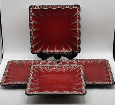 Set of 4 Roscher Hobnail Collection Red Stoneware Square Salad Plates 8” - $46.99