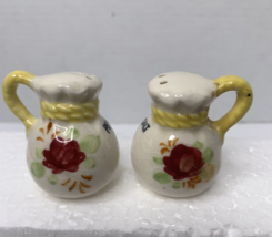 Vintage Mini Ceramic Jug Salt And Pepper Shakers Red Flowers Black Print Words - £6.39 GBP
