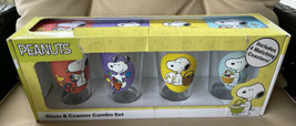 Peanuts Snoopy Woodstock Spring/Easter 16 oz. Glass &amp; Coaster Combo Set 4each - £29.63 GBP