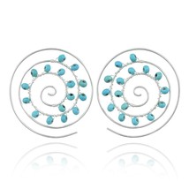 Bohemian Blue Turquoise Stone Beads Spiral Pierce Hoop Sterling Silver Earrings - £35.71 GBP
