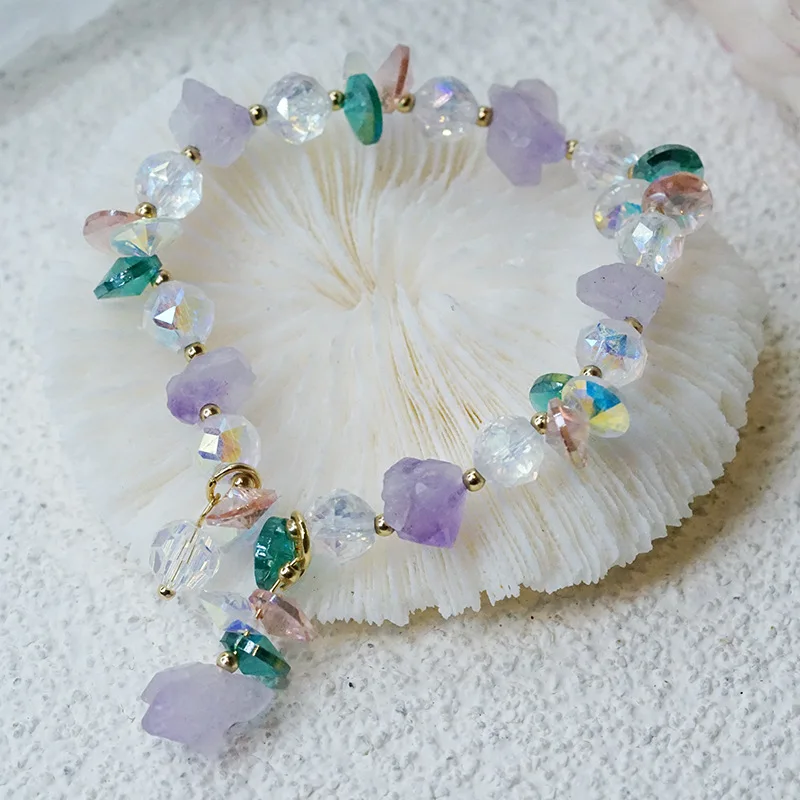 Ethnic Shiny Irregular Natural Purple Crystal Raw Ore Beaded Strand Bracelets fo - £17.69 GBP