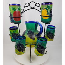 Vintage Hand Blown Glass Pitcher w/ 6 Cups &amp; Wrought Iron Stand ~ Kitche... - £61.50 GBP