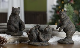 Black Bear Figurine Set of 3 Textured Detail Poly Stone Playful Poses - £35.61 GBP