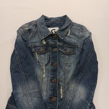 G by Guess Women's Blue Denim Distressed Long Sleeves Jacket Pockets Size Medium image 15