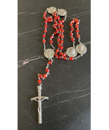 Pope John Paul II Red Bead Catholic Rosary Crucifix Silver tone Vintage - $14.03
