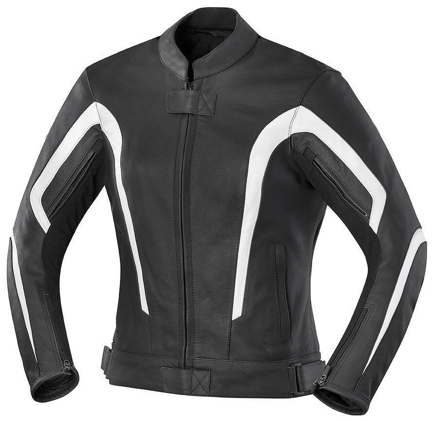 Women Black Motor Bike White Striped Custom Genuine Leather Safety Pads Jacket