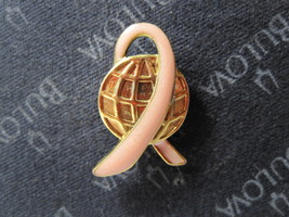 vintage enamel Lapel Pin: Breast Cancer Awareness Pink Ribbon w/ Globe - £3.52 GBP