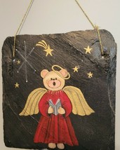 Hand Painted Christmas Teddy Bear Caroler Slate Plaque Sign Holiday Decor - £17.08 GBP