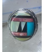 Zuni Ring turquoise onyx MOP leaves band size 8.2 sterling silver women men sign - $196.02