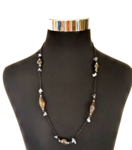 Statement Necklace Jewelry Black &amp; Gold Beads  Silver Tone Spacers Blue Chips - £9.59 GBP