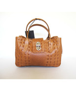 Tan Leather Handbag Detachable Shoulder Strap Croc Embossed Made In Italy - $44.95