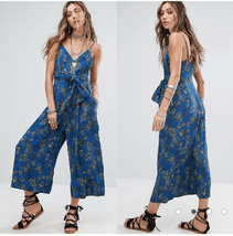 Free People Hot Tropics Blue Floral Wide Leg Capri Jumpsuit Front Tie $1... - $36.00