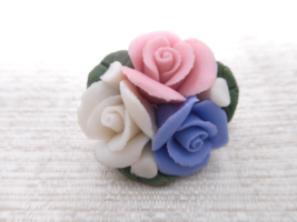 Vtg Round Porcelain Flower Bouquet Brooch White Blue Pink Green Metal Pi... - $9.50