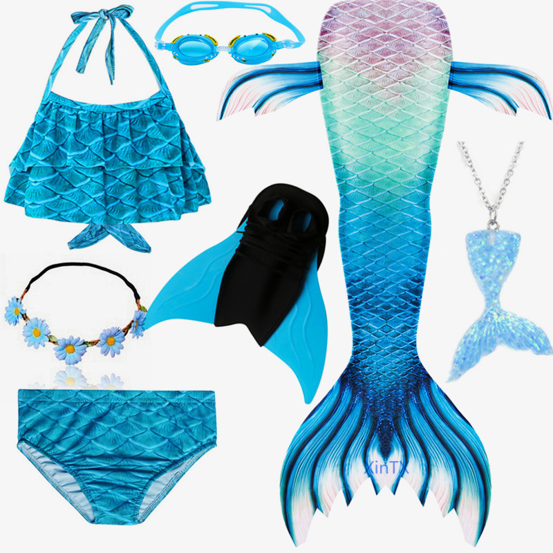 2019 HOT 7PCS/Set Blue Swimmable Mermaid Tail Swimsuit With Monofin swimwear
