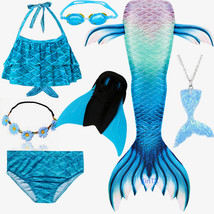 2019 HOT 7PCS/Set Blue Swimmable Mermaid Tail Swimsuit With Monofin swimwear - £28.76 GBP
