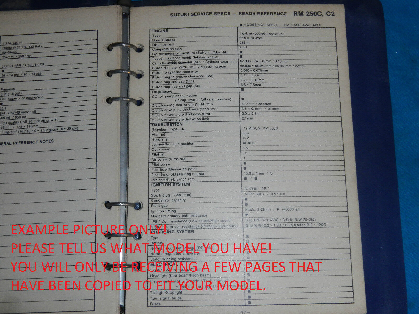 1998 98 SUZUKI SERVICE SPECIFICATIONS SPEC REFERENCE SHEET - $7.48