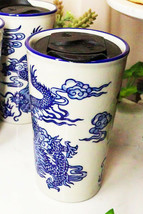 White Blue Oriental Dragon King Ceramic Travel Mug Cup 14oz With Lid Hot Or Cold - £16.77 GBP