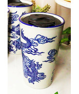 White Blue Oriental Dragon King Ceramic Travel Mug Cup 14oz With Lid Hot... - £16.72 GBP