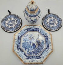 Vintage Japanese Blue /White 24 K Peacock Porcelain Plate Vase and Hot Plate Set - £68.11 GBP