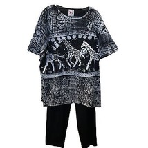 Vintage 1990s EZL Women&#39;s Black Painted Mayan Aztec Style Top and Pants ... - £23.52 GBP