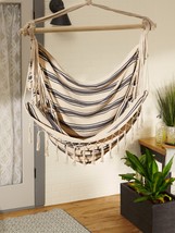 BLUE and CREAM TICKING STRIPE HAMMOCK CHAIR with FRINGE TRIM - £40.67 GBP