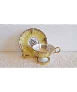 Vintage Lefton Handpainted Scallop Rim Gold Rose Footed Tea Cup and Sauc... - £11.70 GBP
