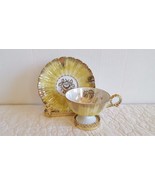 Vintage Lefton Handpainted Scallop Rim Gold Rose Footed Tea Cup and Sauc... - $20.32 CAD