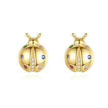 Colored Zircon Small Seven Star Ladybug Stud Earrings Sterling Silver Gold Plate - £10.54 GBP