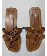 Zara Leather Flat Sandals Gold Ring Hardware Tan Browns Women’s Size 39E... - $34.64