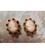 Vintage Cameo Clip Earrings Gold Tone Red Rhinestone Oval - $8.91