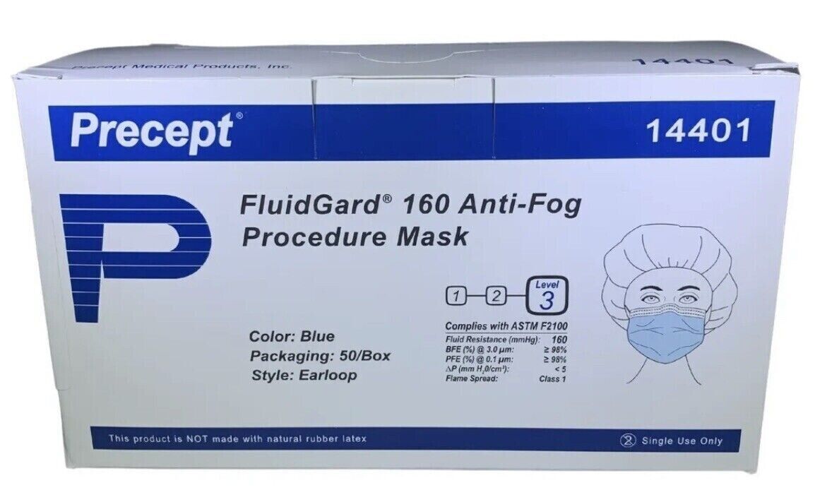 50, FluidGard Fog Free Anti-fog Procedure Mask ASTM Level 3 Blue Earloop #14401
