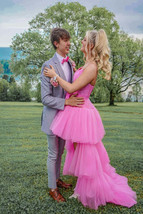 High Low Hot Pink Tiered Prom Dress with Spaghetti Straps,Elegant Gradua... - £127.43 GBP