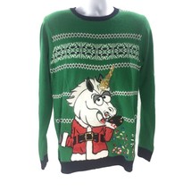 Unicorn Santa Christmas Sweater Men M Ugly Green White Knit Pullover LS Sequin - £13.48 GBP