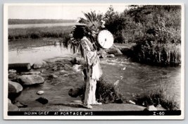 RPPC Indian Chief At Portage WI Headdress Drum Wisconsin Real Photo Postcard V26 - £23.94 GBP