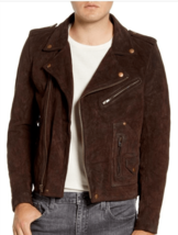 Mens Suede Leather Jacket Brown Genuine Leather Biker Jackets for Men 14 - $107.91+
