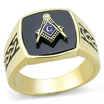 RING MASONIC IP Gold Plating Stainless Steel with Synthetic Onyx in Jet TK3223 - £31.62 GBP