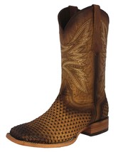 Mens Western Cowboy Boots Honey Brown Leather Woven Square Botas Vaquero Tejida - £159.28 GBP