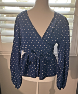 Wrap Long Sleeved Top Blouse Heart Print Navy Blue Women&#39;s LG, Pre-Owned - $186.49 MXN