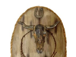 Western Distressed Wood Metal Decor Wall Hanging Steer Head HorseShoe Wa... - £31.84 GBP