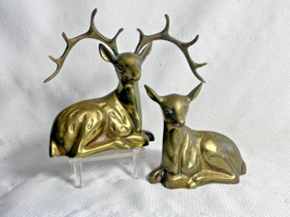 Brass Vtg Spotted Sitting Deer Couple Doe &amp; 10 Point Buck Statue Figure ... - £27.90 GBP