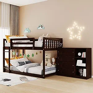 , Solid Wood Twin Low Loft Bed Bunk Beds With 4 Drawers And 3 Shelves, Bunk Beds - £1,119.90 GBP