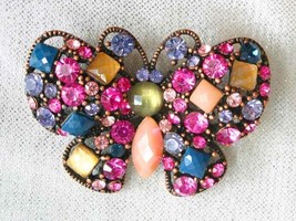Fabulous Colorful Rhinestone Copper-tone Butterfly Brooch 1980s vint. 1 7/8&quot; - £16.04 GBP