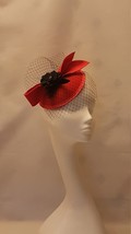 RED &amp; BLACK Fascinator Hat  #Red birdcage Veil hat with Black,Red felt bow Ascot - £34.97 GBP