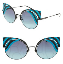 FENDI HYPNOSHINE FF0215S Black Blue Wave Stripe Metal Sunglasses Cat Eye... - £116.18 GBP