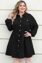 Black Plus Size Textured Drawstring Button up Shirt Dress - £24.35 GBP+