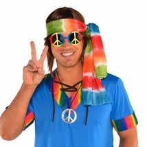 Groovy 60&#39;s Hippie Kit Tie Dye Head Scarf, Peace Sign Glasses and Necklace - £11.06 GBP